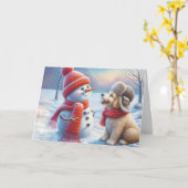 クリスマス雪だるまと犬 カード (黄色い花)