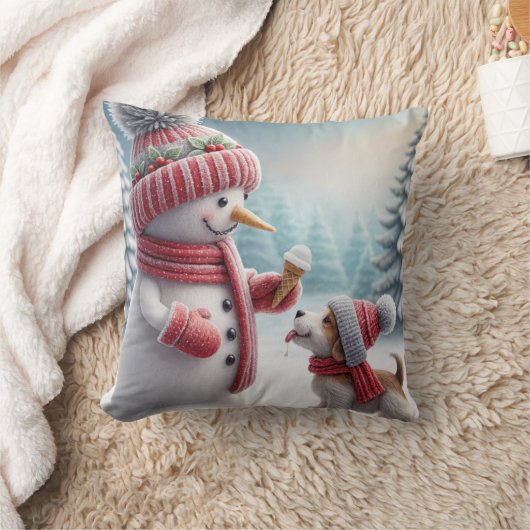 クリスマス雪だるまと犬 クッション (ブランケット)