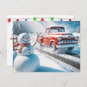 クリスマス雪だるまと赤レトロトラック シーズンポストカード (正面/裏面)