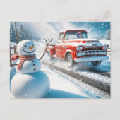 クリスマス雪だるまと赤レトロトラック シーズンポストカード (正面)