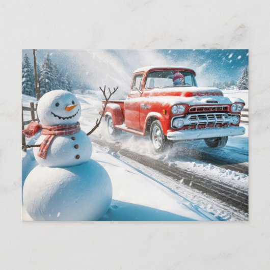 クリスマス雪だるまと赤レトロトラック シーズンポストカード (正面)