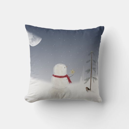 クリスマス雪だるまと金ゴールド星 クッション (正面)