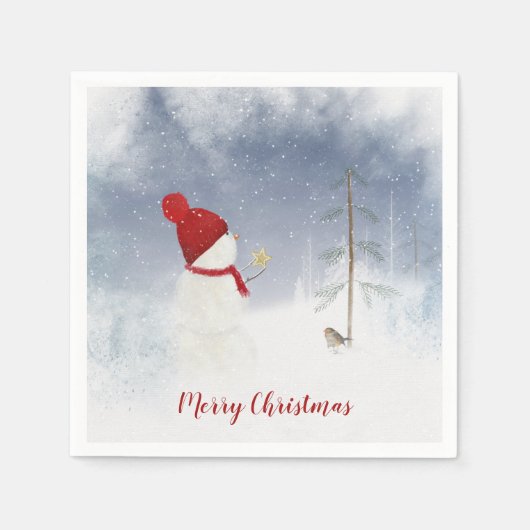 クリスマス雪だるまと金ゴールド星 スタンダードカクテルナプキン (正面)