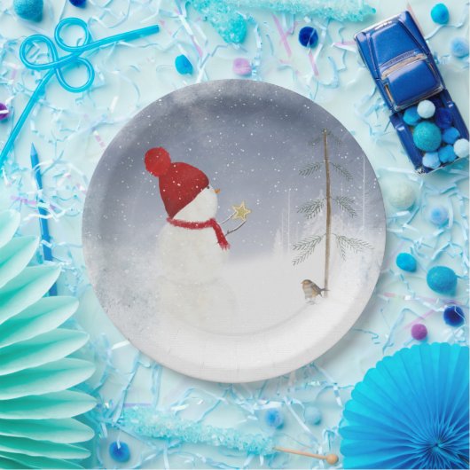 クリスマス雪だるまと金ゴールド星 ペーパープレート (パーティー)