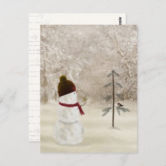 クリスマス雪だるまと金ゴールド星 ポストカード (正面/裏面)