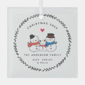 クリスマス雪だるまの三家族 ガラスオーナメント (正面)