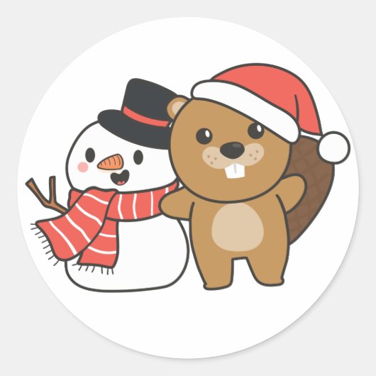 クリスマス雪だるまの冬のビーバークラシック ラウンドシール (正面)