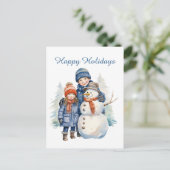 クリスマス雪だるまの子供たちが文字水の色を追加ホリデイ シーズンポストカード (スタンド正面)