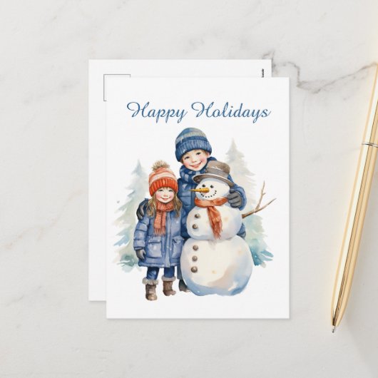 クリスマス雪だるまの子供たちが文字水の色を追加ホリデイ シーズンポストカード (正面/裏面インサイチュ)
