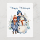 クリスマス雪だるまの子供たちが文字水の色を追加ホリデイ シーズンポストカード (正面)