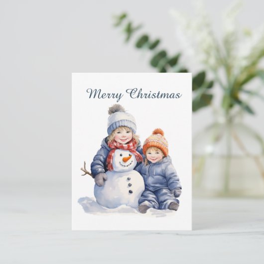 クリスマス雪だるまの子供たちが文字水の色を追加ホリデイ シーズンポストカード (スタンド正面)