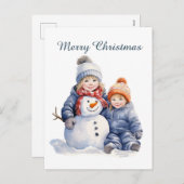 クリスマス雪だるまの子供たちが文字水の色を追加ホリデイ シーズンポストカード (正面/裏面)