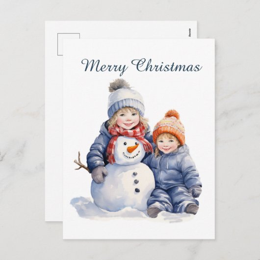 クリスマス雪だるまの子供たちが文字水の色を追加ホリデイ シーズンポストカード (正面/裏面)