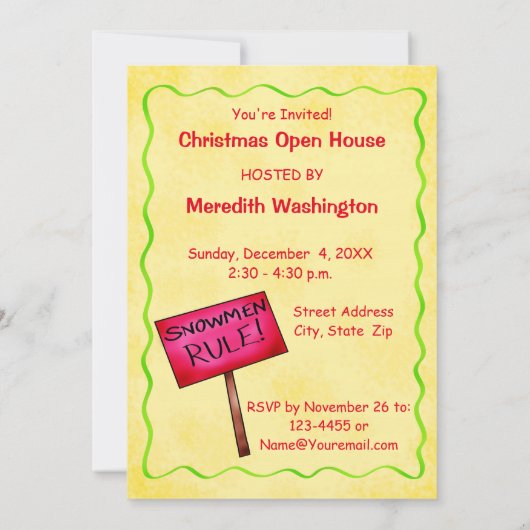 クリスマス雪だるまイエローパーティーイベント招待状 招待状 (裏面)