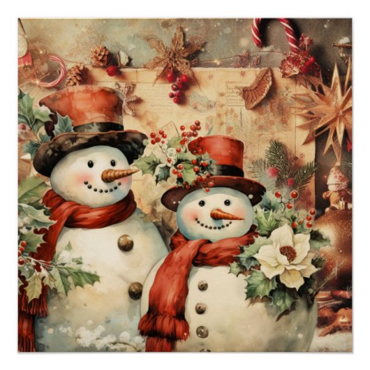 クリスマス雪だるまイラストレーション ポスター (正面)