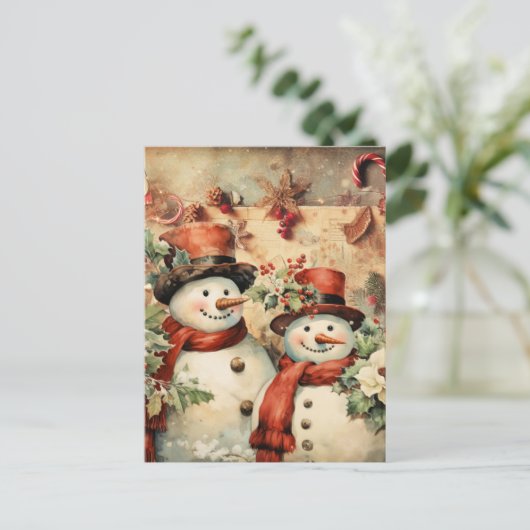 クリスマス雪だるまイラストレーション ポストカード (スタンド正面)