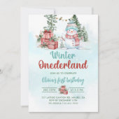 クリスマス雪だるまウィンターオネダーランド1歳の誕生日 招待状 (正面)