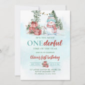 クリスマス雪だるまオネダーフルファースト誕生日 招待状 (正面)