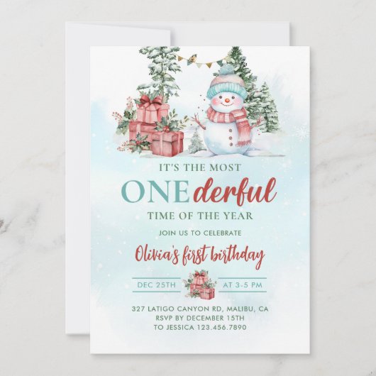 クリスマス雪だるまオネダーフルファースト誕生日 招待状 (正面)
