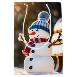 クリスマス雪だるまオンザパークベンチ ミディアムペーパーバッグ