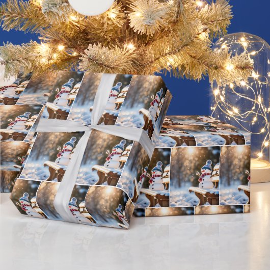 クリスマス雪だるまオンザパークベンチ ラッピングペーパー (クリスマス)