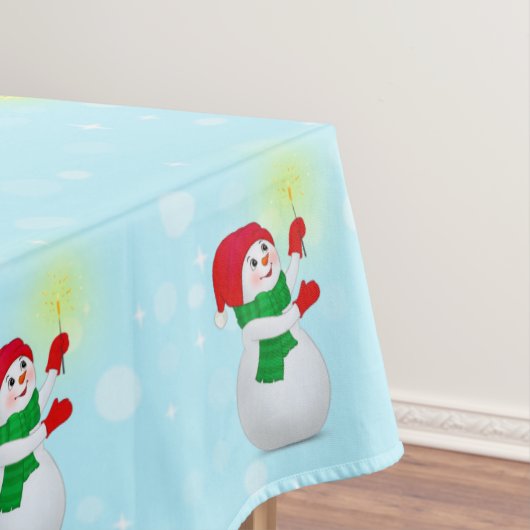 クリスマス雪だるまオンライトブルー テーブルクロス (インサイチュ)