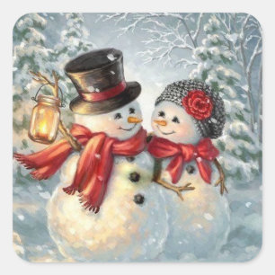 クリスマス雪だるまカップル スクエアシール