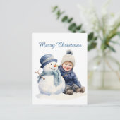 クリスマス雪だるまキッド追加文字水の色ホリデイ シーズンポストカード (スタンド正面)