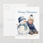 クリスマス雪だるまキッド追加文字水の色ホリデイ シーズンポストカード (正面/裏面)