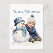 クリスマス雪だるまキッド追加文字水の色ホリデイ シーズンポストカード (正面)