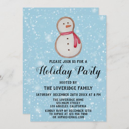 クリスマス雪だるまクッキーホリデーパーティブルースノー 招待状 (正面/裏面)