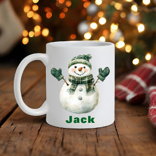 クリスマス雪だるまグリーンスカーフ名前をカスタムする コーヒーマグカップ