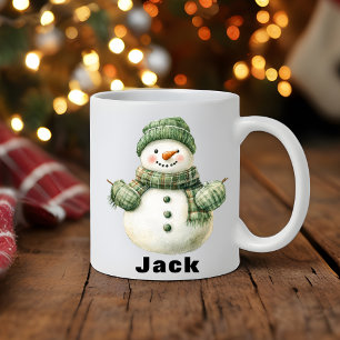 クリスマス雪だるまグリーンハット名前をカスタムする コーヒーマグカップ