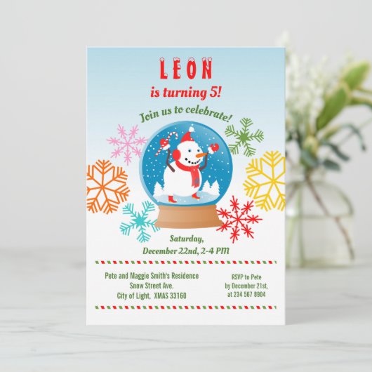 クリスマス雪だるまグローブと雪片の誕生日 招待状 (スタンド正面)