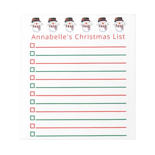 クリスマス雪だるまショッピングリストのパーソナライズ ノートパッド (正面)