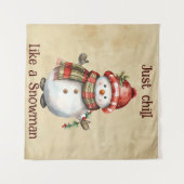 クリスマス雪だるまジャストチル引用文おもしろい水色 タペストリー (正面(横))