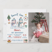 クリスマス雪だるまスウィートワン誕生日の写真 招待状 (正面)
