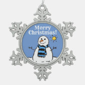 クリスマス雪だるまデザインとメリークリスマス スノーフレークピューターオーナメント (正面)