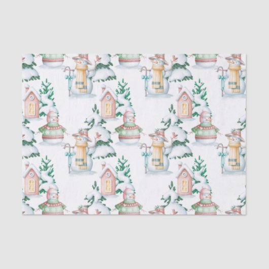 クリスマス雪だるまハウスツリーズイラストレーション 薄葉紙 (正面)