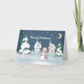 クリスマス雪だるまハウスラビットウォーターカラー シーズンカード (正面)