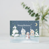 クリスマス雪だるまハウスラビットウォーターカラー シーズンポストカード (スタンド正面)