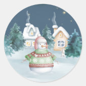 クリスマス雪だるまハウスラビットツリーズウォーターカラー ラウンドシール (正面)