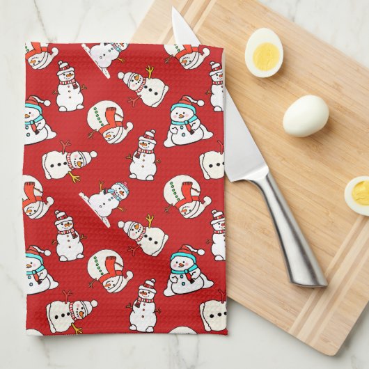 クリスマス雪だるまパターン赤 キッチンタオル (四つ折り)