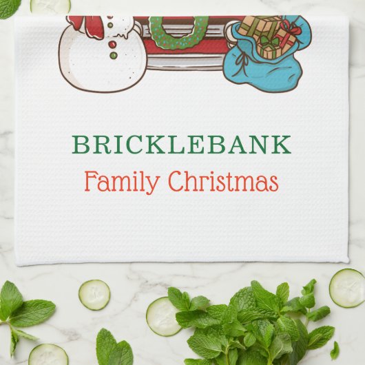 クリスマス雪だるまパーソナライズされたファミリー キッチンタオル (折り畳み)