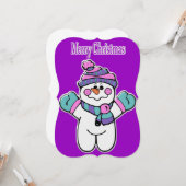 クリスマス雪だるまパープルフラットグリーティングカード カード (正面/裏面インサイチュ)