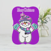 クリスマス雪だるまパープルフラットグリーティングカード カード (スタンド正面)