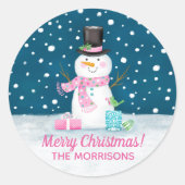 クリスマス雪だるまピンクかわいいパーソナライズされた ラウンドシール (正面)