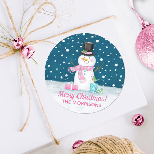 クリスマス雪だるまピンクかわいいパーソナライズされた ラウンドシール