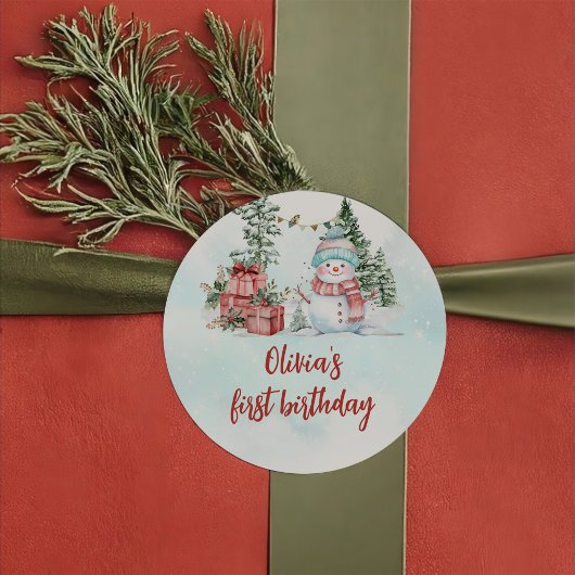 クリスマス雪だるまファースト誕生日 ラウンドシール