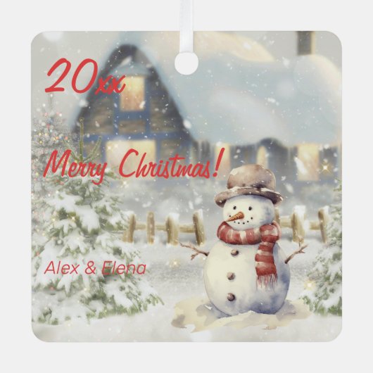 クリスマス雪だるまフォトレトロスクエアオーナメント メタルオーナメント (正面)